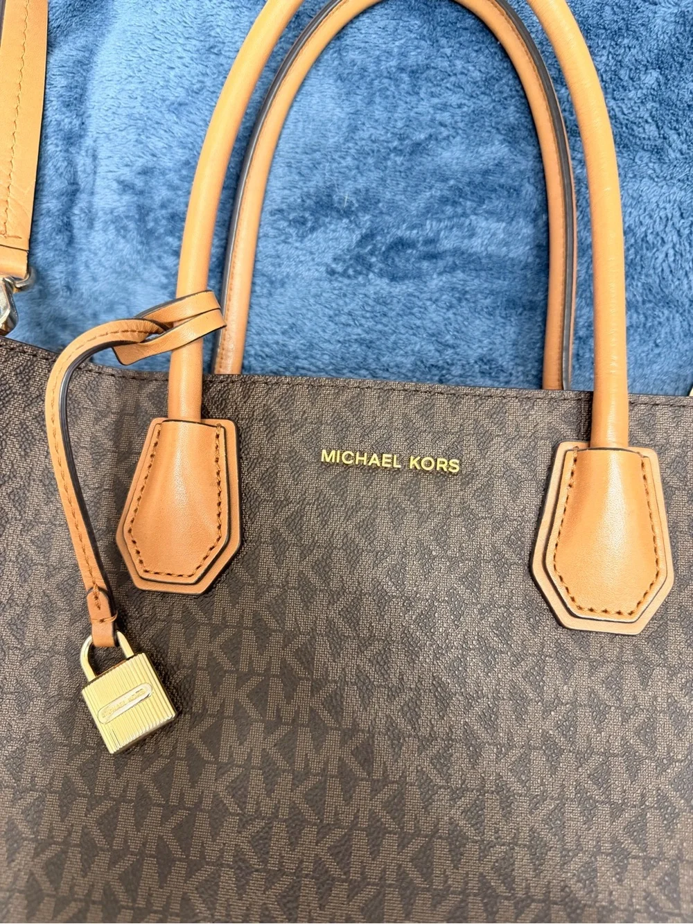 Michael Kors Brown MK Logo Satchel with Tan Trim